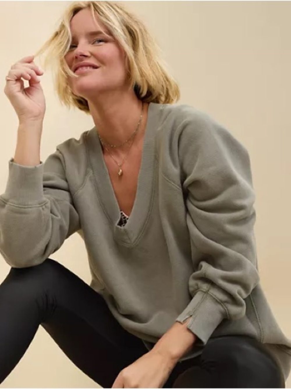 Aerie Downtime Textured V-Neck Sags Green Sweatshirt Size S|P Oversized